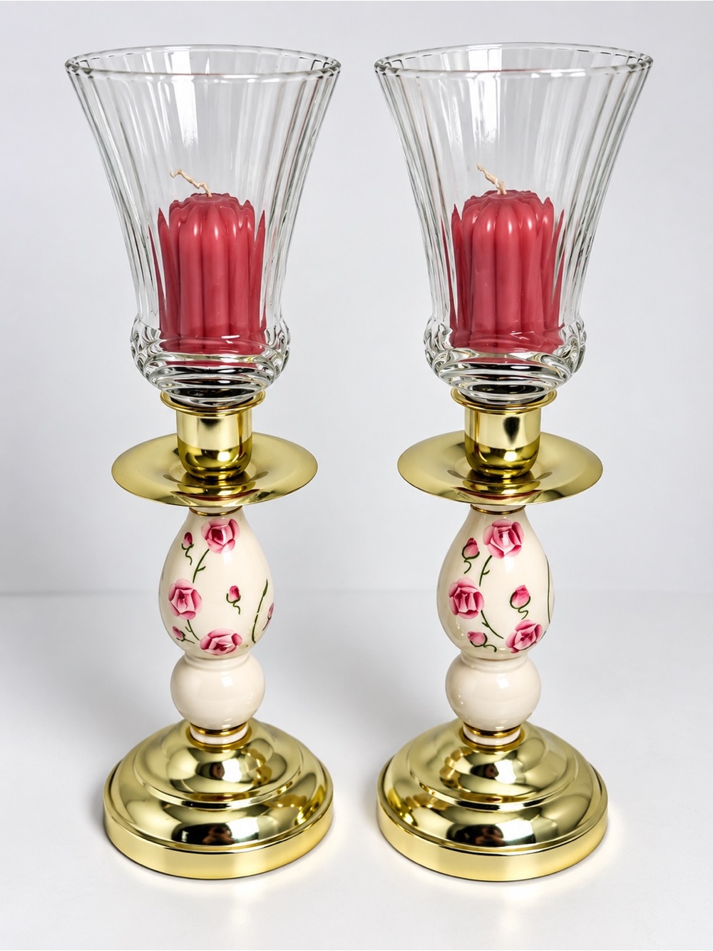 Vintage Home Interiors & Gifts Hurricane Candle Holders Pink Roses Brass Pair